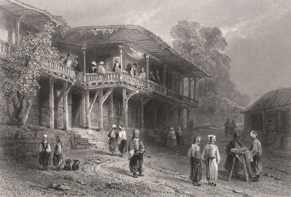 Turkish café at Rousse (Ruse), Bulgaria. Danube Donau. BARTLETT 1840 old print